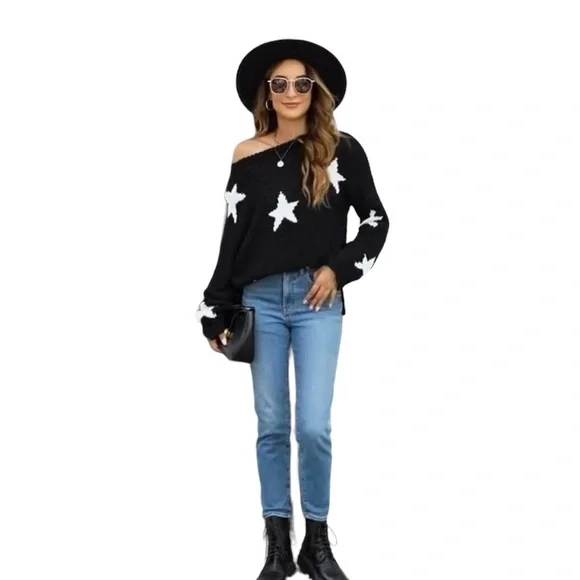 Amazon Earth Black Star Pullover Side Slit Casual Long Sleeve Sweater - Picture 8 of 11